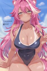 1girl :3 animal_ears bare_shoulders blue_one-piece_swimsuit blue_sky blush breasts cleavage closed_mouth cloud cloudy_sky collarbone commentary covered_navel day english_commentary eyeshadow fingernails groin hair_intakes highres hololive hololive_english huge_breasts long_hair looking_at_viewer makeup multicolored_hair nail_polish oioi_ainomo one-piece_swimsuit outdoors panther_ears panther_girl panther_tail patreon_username pink_hair pink_nails pulling_own_clothes raora_panthera red_eyeshadow sitting sky smile solo strap_pull streaked_hair swimsuit tail tan tanline thighs twitter_username two-tone_hair virtual_youtuber yellow_eyes