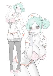 Rule 34 | 1girl, aqua hair, bag, bikini, black thighhighs, breasts, closed mouth, collared shirt, double bun, expressionless, gloves, grey eyes, hair bun, hat, high heels, highres, holding, holding syringe, iniooooo, lace, lace-trimmed thighhighs, lace trim, large breasts, looking at viewer, mole, mole under eye, multiple views, nurse, nurse cap, original, parted bangs, partially unbuttoned, pink bikini, pink shoes, polka dot, polka dot bikini, shirt, shoes, short hair, short sleeves, shoulder bag, simple background, sketch, swimsuit, syringe, thighhighs, white background, white bag, white shirt