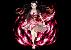 1girl black_hair breasts demon_girl dt501061 fire floating_hair haori highres horn huge_filesize japanese_clothes kamado_nezuko kimetsu_no_yaiba kimetsu_no_yaiba_hinokami_keppuutan kimono long_hair looking_at_viewer nail_polish obi official_art orange_hair pink_eyes pink_kimono pink_nails print_kimono sash short_kimono solo tabi very_long_hair white_background