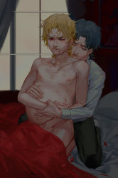 2boys absurdres aged_down ashva bed_sheet big_belly black_pants blonde_hair blue_hair closed_eyes crying curtains dio_brando hand_on_another&#039;s_stomach hand_on_own_stomach highres holding_another&#039;s_wrist indoors jojo_no_kimyou_na_bouken jonathan_joestar long_sleeves male_focus male_lactation male_pregnancy milk multiple_boys nipples nude on_bed pants phantom_blood pillow pregnant red_eyes shirt short_hair shota tears white_shirt window yaoi