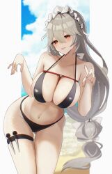 1girl absurdres alexandrina_sebastiane beach bikini black_bikini blue_sky breasts cloud commentary_request day grey_hair hair_between_eyes highres kaniitama large_breasts long_hair looking_at_viewer maid_headdress navel ocean outdoors red_eyes sky solo swimsuit very_long_hair zenless_zone_zero