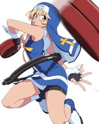 1boy bike_shorts black_gloves blonde_hair blue_veil blush bridget_(guilty_gear) commentary cross crossdressing crossdressing_(mtf) eyelashes fingerless_gloves gloves green_eyes guilty_gear guilty_gear_xx highres holding looking_at_viewer male_focus mars_symbol nun nun_veil open_mouth shoes simple_background sleeveless solo trap veil white_background yachima_tana yo-yo