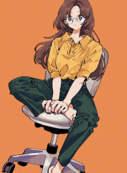 1girl baggy_clothes barefoot brown_eyes brown_hair chair figure_four_sitting glasses green_pants hand_on_own_foot highres long_hair nail_polish office_chair orange_background orange_shirt original otokawa_akari pants parted_bangs polo_shirt red_nails rimless_eyewear round_eyewear shirt short_sleeves simple_background sitting solo swivel_chair