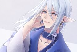 1boy androgynous blue_choker blue_eyes blue_nails blue_shirt blue_theme choker commentary_request earrings elezen elf final_fantasy final_fantasy_xiv fingernails gradient_clothes gradient_nails gradient_shirt grey_background hand_on_own_cheek hand_on_own_face jewelry kuro11_222 long_fingernails long_hair looking_to_the_side male_focus pointy_ears shirt single_earring smile solo upper_body warrior_of_light_(ff14) white_hair white_shirt