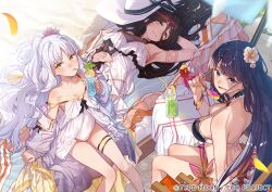 3girls bare_shoulders beach_chair bikini black_bikini blue_eyes body_markings breasts brown_hair caren_hortensia caren_hortensia_(amor_caren) cleavage collarbone cup dress drinking_glass facial_mark fate/grand_order fate_(series) forehead forehead_mark hat himiko_(fate) jewelry large_breasts long_hair looking_at_viewer martha_(fate) martha_(swimsuit_ruler)_(fate) martha_(swimsuit_ruler)_(first_ascension)_(fate) medium_breasts multiple_girls off_shoulder one-piece_swimsuit open_mouth ponytail purple_hair sarong smile sun_hat sunglasses swimsuit table thighlet thighs wavy_hair white_dress white_hair white_hat white_one-piece_swimsuit yachimoto yellow_eyes