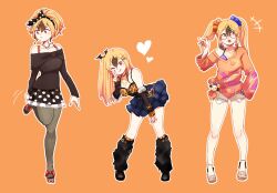 1girl black_hair blonde_hair choker collar commentary_request genderswap genderswap_(mtf) glasses highres jewelry lawless_(servamp) long_hair multicolored_hair necklace one_eye_closed orange_background ponytail red_eyes sandals servamp short_twintails skirt twintails two-tone_hair v