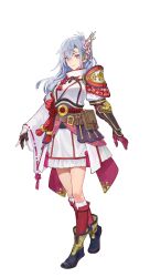 1girl absurdres armor artist_request asymmetrical_gloves belt belt_pouch black_boots boots branch breasts chain closed_mouth fingerless_gloves full_body gloves hair_between_eyes hair_ornament highres japanese_armor japanese_clothes kaguya_(rune_factory) long_hair looking_at_viewer medium_breasts official_art pouch purple_eyes red_rope ribbon-trimmed_sleeves ribbon_trim rope rune_factory rune_factory:_guardians_of_azuma simple_background single_fingerless_glove smile socks solo standing tassel transparent_background white_hair white_socks wide_sleeves