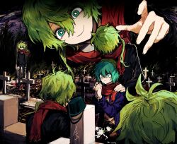 Rule 34 | 2boys, aqua eyes, aqua hair, black jacket, commentary request, graveyard, green eyes, green hair, hand up, highres, hiyori sou, implied death, jacket, jihecchi, kimi ga shine, korean commentary, long sleeves, low ponytail, midori (kimi ga shine), multiple boys, multiple views, necktie, own hands clasped, own hands together, parted lips, ponytail, praying, red necktie, red scarf, rosary, scarf, smile