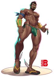 1boy abs bara beard bracer cock_ring commentary dark-skinned_male dark_skin earrings english_commentary face_piercing facial_hair full_beard highres jewelry large_pectorals lupin_barnabi male_focus male_swimwear marvel marvel_rivals muscular muscular_male mustache namor navel nipple_piercing nipples nose_piercing pectorals penis penis_peek piercing pointy_ears sandals sex_toy short_hair simple_background solo tan tanline thighs topless_male variant_set