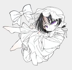 1girl alien_stage bandages bare_legs barefoot black_hair blank_eyes blunt_bangs bow chibi chibi_only crossed_legs dress expressionless fetal_position from_above from_side full_body ghost_costume hair_bow hair_over_one_eye highres jitome kamika knees_up leg_up lineart looking_at_viewer loose_clothes lying messy_hair monochrome parted_bangs purple_eyes short_hair simple_background sketch sleeves_past_fingers sleeves_past_wrists soles solo spot_color sua_(alien_stage) very_long_sleeves white_background white_dress wide_sleeves