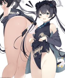 1girl ass black_dress black_gloves black_hair blue_archive breasts butterfly_hair_ornament china_dress chinese_clothes chintora0201 double_bun dragon_print dress gloves grey_eyes grey_halo hair_bun hair_ornament halo highres kisaki_(blue_archive) long_hair looking_at_viewer multiple_views open_mouth peroro_(blue_archive) simple_background sleeveless sleeveless_dress small_breasts solo twintails