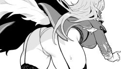 1girl ass azur_lane azur_lane:_slow_ahead black_garter_straps black_thighhighs from_behind garter_straps greyscale hori_(hori_no_su) lace lace-trimmed_thighhighs lace_trim leotard lion_(azur_lane) long_hair long_sleeves monochrome official_art simple_background solo thighhighs very_long_hair white_background