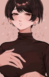 1girl absurdres black_shirt blush ear_piercing earrings heart highres jewelry koucha_(pankeki_koucha) kuromitsu_hana_(koucha) long_neck looking_at_viewer original piercing shirt short_hair simple_background tomboy turtleneck turtleneck_shirt upper_body