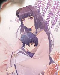 1boy 1girl aunt_and_nephew blunt_bangs blunt_ends closed_mouth delisha_lia eyelashes eyeliner eyeshadow facing_another fan_hair_ornament flower frilled_sleeves frills genshin_impact hand_on_another&#039;s_back height_difference highres hime_cut hug japanese_clothes kariginu kimono layered_kimono long_hair long_sleeves looking_at_viewer low-braided_long_hair low-tied_long_hair makeup makoto_(genshin_impact) outdoors pink_eyes pink_flower pink_kimono purple_hair purple_nails purple_sleeves red_eyeliner red_eyeshadow scaramouche_(genshin_impact) scaramouche_(kabukimono)_(genshin_impact) signature smile split_mouth white_kimono wide_sleeves