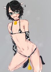 1girl animal_costume animal_ears animal_print bikini breasts collar cow_costume cow_ears cow_print cow_print_bikini cowbell ear_tag fake_animal_ears flat_chest highres hinamatsu_(86089979) kneeling momijiyama_teru print_bikini shy_(series) small_breasts solo swimsuit