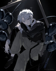 1boy balloon black_background black_shoes brown_pants gorira grey_eyes grey_hair highres kagurabachi long_sleeves male_focus mask pants sazanami_hakuri shoes single_sidelock solo twitter_username unworn_mask