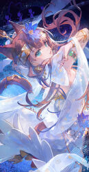 Rule 34 | 1girl, animal ears, arknights, blue eyes, blue flower, brown hair, cat ears, cat girl, cat tail, dress, earrings, flower, hair flower, hair ornament, highres, jewelry, looking at viewer, looking to the side, nonhaaa, parted lips, pepe (arknights), pepe (nuit of the nightsky) (arknights), solo, tail, white dress