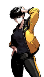 1girl absurdres arm_up black_eyes black_hair black_pants black_shirt breasts bright_pupils closed_mouth commentary_request cowboy_shot hand_on_own_head highres jacket korean_commentary medium_breasts open_clothes open_jacket original pants rocklobster52s ryu_jion_(rocklobster52s) shirt short_hair simple_background smile solo standing tomboy white_background white_pupils yellow_jacket