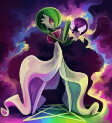 absurdres bob_cut colored_skin dress gardevoir gastly gen_1_pokemon gen_3_pokemon ghost green_hair green_skin highres looking_at_viewer multicolored_skin nintendo pink_eyes pokemon pokemon_(creature) tongue tongue_out two-tone_skin white_dress white_skin ziryuu
