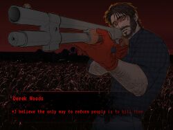 1boy absurdres aiming arm_hair bags_under_eyes beard brown_hair clenched_teeth constricted_pupils dialogue_box facial_hair farm gloves gun highres holding holding_gun holding_weapon horizon ju-san male_focus messy_hair open_mouth original plaid_clothes plaid_shirt red_eyes red_gloves red_sky red_theme rifle shirt short_hair silhouette sky sleeves_rolled_up solo teeth upper_body visual_novel weapon wheat_field
