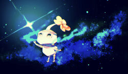 black_background black_eyes blue_skin blue_theme colored_skin commentary_request creature creature_focus flower ice ice_pikmin leaning_forward light_particles looking_at_object nintendo no_humans no_mouth outstretched_arm petals pikmin_(creature) pikmin_(series) shirushiki solo sparkle standing yellow_flower