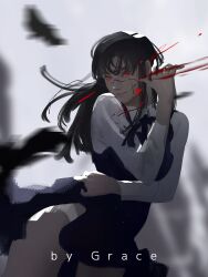 1girl absurdres artist_name bird black_dress black_hair blood blood_spray chainsaw_man clothes_lift crow dress dress_lift facial_scar fourth_east_high_school_uniform graceart0518 highres long_hair long_sleeves looking_at_viewer panties red_eyes ringed_eyes scar scar_on_cheek scar_on_face school_uniform shirt solo underwear white_panties white_shirt yoru_(chainsaw_man)