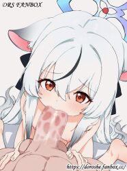 1boy 1girl animal_ears animated animated_gif barefoot black_hair blue_archive blue_halo breasts censored closed_eyes completely_nude doroshe_(sdpw8474) fellatio halo hetero kokona_(blue_archive) loli long_hair mosaic_censoring multicolored_hair nipples nude oral penis pov pov_crotch red_eyes sitting small_breasts streaked_hair testicles wariza white_hair