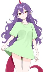 Rule 34 | 13nonaigdaz, 1girl, bottomless, closed mouth, collarbone, cowboy shot, expressionless, green shirt, highres, horns, lizard tail, long hair, long tail, messy hair, oversized clothes, oversized shirt, pointy ears, purple hair, purple horns, purple tail, red horns, shirt, short sleeves, single horn, solo, tail, tenkajin chiyari, touhou, very long hair, white background