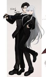 1boy 1girl angelica_(project_moon) black_eyes black_gloves black_hair black_jacket black_pants black_shoes black_suit black_sweater blue_eyes closed_mouth formal_clothes full_body gloves highres husband_and_wife jacket lapels library_of_ruina long_hair long_sleeves open_mouth pants project_moon ribbed_sweater rinne_(poyonpoyon_o0) roland_(project_moon) shoes silver_trim smile suit sweater very_long_hair white_hair
