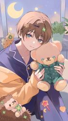 1boy bear_hair_ornament blue_pants blue_shirt blush brown_hair cardigan closed_mouth clover_hair_ornament collarbone collared_shirt commentary_request feet_out_of_frame hair_ornament hedgehog highres holding holding_stuffed_toy indie_virtual_youtuber long_sleeves looking_at_viewer male_focus mof_(mfmfpic) open_cardigan open_clothes ozu_(vtuber) pants plant potted_plant shirt short_hair sitting smile solo stuffed_animal stuffed_toy teddy_bear virtual_youtuber x_hair_ornament yellow_cardigan