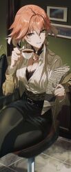 1girl belt black_belt black_bra black_pantyhose black_skirt bra bra_peek breasts bright_pupils brown_jacket changli_(wuthering_waves) cleavage clothes_down collarbone collared_shirt commentary crossed_legs cup earrings hair_between_eyes hashtag-only_commentary highres holding holding_cup holding_newspaper indoors jacket jewelry large_breasts looking_at_viewer multicolored_hair nakmini newspaper official_alternate_costume orange_eyes pantyhose parted_lips pink_hair shirt shirt_tucked_in sitting skirt smile solo teacup two-tone_hair underwear white_hair white_pupils white_shirt wuthering_waves