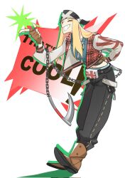 Rule 34 | 1boy, axl low, bandana, black pants, blonde hair, brown gloves, doggie eki, fingerless gloves, gloves, grin, guilty gear, guilty gear strive, highres, jacket, kama (weapon), kusarigama, long hair, long sleeves, male focus, pants, plaid clothes, plaid jacket, red jacket, sickle, smile, union jack, weapon