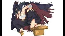 1girl abs absurdres arm_wrap banchou black_hair black_hat black_pants blue_jacket breasts chest_sarashi cleavage daidouji_(senran_kagura) delinquent feet foot_focus foreshortening geta hand_on_own_knee hat highres jacket large_breasts long_hair muscular muscular_female navel non-web_source official_art pants pillarboxed red_eyes sarashi senran_kagura senran_kagura_burst_re:newal solo squatting very_long_hair white_background yaegashi_nan
