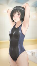 1girl absurdres amagami black_hair black_one-piece_swimsuit blue_one-piece_swimsuit bob_cut breasts brown_eyes closed_mouth commentary_request competition_swimsuit highleg highleg_one-piece_swimsuit highres indoors looking_at_viewer medium_breasts mikawa_mikan nanasaki_ai one-piece_swimsuit short_hair simple_background solo stretching swimsuit two-tone_one-piece_swimsuit two-tone_swimsuit wet
