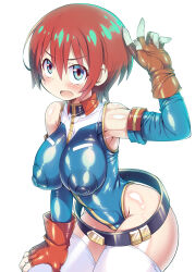 Rule 34 | 1girl, amate yuzuriha, armpits, belt, blue eyes, blue leotard, blue sleeves, blush, blush stickers, breasts, covered erect nipples, gloves, gundam, gundam gquuuuuux, hair between eyes, hand on own thigh, kanibasami, large breasts, leotard, looking at viewer, open mouth, partially fingerless gloves, red gloves, red hair, simple background, skin tight, solo, thighhighs, white background, white thighhighs
