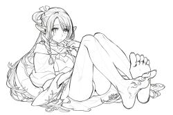 1girl bare_legs barefoot blush choker closed_mouth collarbone dress dungeon_meshi eyelashes feet full_body hair_ornament hand_up hood hood_down knees_up legs lineart long_hair looking_at_viewer marcille_donato panties parted_bangs pointing pointing_at_self pointy_ears randomscribblas sitting soles solo spread_toes toenails toes underwear very_long_hair