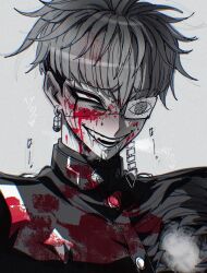 Rule 34 | 1boy, blood, blood on face, chamuchai, cracked skin, drooling, earrings, evil grin, evil smile, eye print, eyepatch, eyeshadow, face piercing, gakuran, greyscale, grin, highres, hole in chest, hole on body, jewelry, labret piercing, last defense academy school uniform, looking up, makeup, male focus, monochrome, omokage yugamu, piercing, portrait, print eyepatch, red eyes, school uniform, short hair, simple background, smile, solo, spot color, sweat, the hundred line -last defense academy-