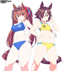 2girls animal_ears antenna_hair blue_buruma blue_sports_bra breasts brown_hair buruma daiwa_scarlet_(umamusume) feet_out_of_frame hair_intakes hair_over_one_eye horse_ears horse_girl horse_tail large_breasts legs long_hair low-tied_long_hair multicolored_hair multiple_girls red_eyes shigino_sohuzi simple_background small_breasts sports_bikini sports_bra standing streaked_hair tail tiara twintails umamusume very_long_hair vodka_(umamusume) white_background white_hair yellow_buruma yellow_eyes yellow_sports_bra