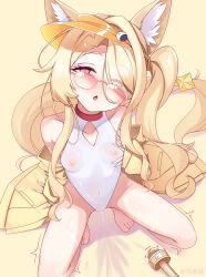 1girl absurdres animal_ear_fluff animal_ears bare_shoulders blonde_hair blue_archive breasts cameltoe commentary_request covered_erect_nipples covered_navel diamond_cutout extra_ears eyes_visible_through_hair feet fox_ears fox_girl fox_tail from_above grabbing_own_breast hair_over_one_eye hand_on_own_chest highleg highleg_one-piece_swimsuit highres jacket loli long_hair long_sleeves looking_at_viewer microphone off_shoulder one-piece_swimsuit open_mouth orange_background parted_lips pink-tinted_eyewear pink_eyes pussy_juice see-through_clothes seia_(blue_archive) seia_(swimsuit)_(blue_archive) side_ponytail simple_background small_breasts solo spread_legs squatting swimsuit tail tail_ornament thighs tinted_eyewear toes trembling twitching very_long_hair very_long_tail visor_cap wet wet_clothes white_one-piece_swimsuit wizard2482 yellow_jacket yellow_visor