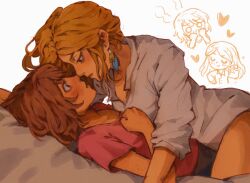 Rule 34 | 2girls, black eyes, blonde hair, brown hair, collared shirt, commentary, earrings, english commentary, feather earrings, feathers, girl on top, heart, highres, jewelry, life is strange (series), long hair, lying, max caulfield, maxcrackfield, multiple girls, no pants, on back, rachel amber, red shirt, shirt, short hair, short sleeves, sleeves rolled up, white shirt, yuri