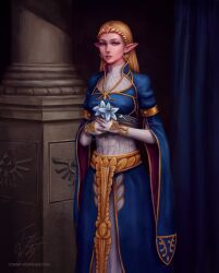 1girl blonde_hair blue_dress blue_eyes breasts column dress earrings flower gloves highres holding holding_flower jewelry lily_(flower) lips long_hair medium_breasts nintendo nose official_alternate_costume pillar pointy_ears princess_zelda signature solo the_legend_of_zelda the_legend_of_zelda:_breath_of_the_wild tommy_worthington triforce wide_sleeves