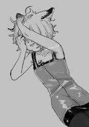 Rule 34 | 1girl, animal ears, arknights, arm up, covering own eyes, cowboy shot, crying, dress, fox ears, fox girl, greyscale, grimace, hand on own head, highres, material growth, messy hair, monochrome, niwatori (akira 207), no cape, oripathy lesion (arknights), pantyhose, short dress, short hair, simple background, skirt under dress, sleeveless, sleeveless dress, solo, spaghetti strap, sussurro (arknights), tears, twitter username, wiping tears