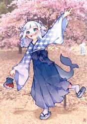 Rule 34 | blue eyes, blue hair, blush, fins, fish tail, gawr gura, hair ornament, highres, holding, hololive, hololive english, japanese clothes, ma draws, multicolored hair, sandals, smile, socks, streaked hair, tail, virtual youtuber, waving, white hair