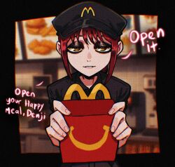 1girl black_hat box chainsaw_man employee_uniform english_text happy_meal hat highres holding holding_box looking_at_viewer makima_(chainsaw_man) mcdonald&#039;s osidid parted_lips red_hair sidelocks solo twitter_username yellow_eyes