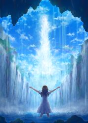 1girl absurdres au_ito blue_sky brown_hair cave cliff cloud commentary_request day dress floating_hair fountain from_behind highres lake nature original rainbow rock short_sleeves sky solo standing thigh_strap tree wading water waterfall wet wet_clothes wet_dress wet_hair white_dress wide_shot