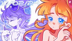1girl 2024 ahoge angel_wings_(illusion) artist_self-insert blue_eyes blunt_bangs breasts closed_eyes commentary dated dot_nose english_commentary from_side glowing hair_ornament heart heart_hair_ornament henshin highres indie_virtual_youtuber long_hair magical_girl marikyuunn marikyuunn_(vtuber) marikyuunn_(vtuber)_(cyber_cupid) multiple_views nude orange_hair profile small_breasts very_long_hair virtual_youtuber