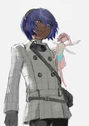 Rule 34 | 1boy, 1girl, arm up, bare legs, barefoot, belt, belt buckle, black belt, black gloves, black pants, blue eyes, blue hair, brown hair, buckle, buttons, chest belt, closed mouth, coat, collared coat, commentary, cowboy shot, dark-skinned male, dark blue hair, dark skin, dot mouth, dress, fairy, fairy wings, gallica (metaphor: refantazio), gloves, hair over one eye, hairband, hand on own hip, heterochromia, highres, long sleeves, looking ahead, metal hairband, metaphor: refantazio, multicolored dress, multiple belts, one eye covered, pants, parted lips, patterned clothing, pointy ears, protagonist (metaphor: refantazio), samerkgk, short hair, simple background, white background, white belt, white coat, wing collar, wings