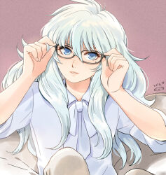 1boy adjusting_eyewear alternate_costume black-framed_eyewear blue_eyes blue_hair blue_ribbon blue_shirt casual collared_shirt glasses hair_between_eyes hand_on_eyewear hands_up long_hair looking_at_viewer male_focus mizuhara_aki neck_ribbon parted_lips pisces_aphrodite ribbon saint_seiya shirt sitting smile solo trap upper_body