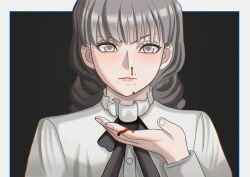 1girl absurdres black_background black_ribbon blood blood_on_hands border brown_eyes brown_hair closed_mouth commentary face_piercing fear_&amp;_hunger_(series) fear_&amp;_hunger_2:_termina frilled_shirt_collar frills highres lips long_hair long_sleeves looking_at_viewer magna_lucis marina_(fear_&amp;_hunger) mouth_piercing neck_ribbon nosebleed outside_border piercing ribbon shirt solo upper_body white_border white_shirt