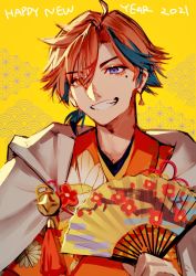 1boy ahoge black_hair folding_fan hand_fan heterochromia holding holding_fan holostars japanese_clothes kimono looking_at_viewer male_focus mebaru mole mole_under_eye multicolored_hair open_mouth orange_eyes orange_hair paper_fan purple_eyes shirt short_hair smile solo virtual_youtuber yukoku_roberu yukoku_roberu_(3rd_costume)